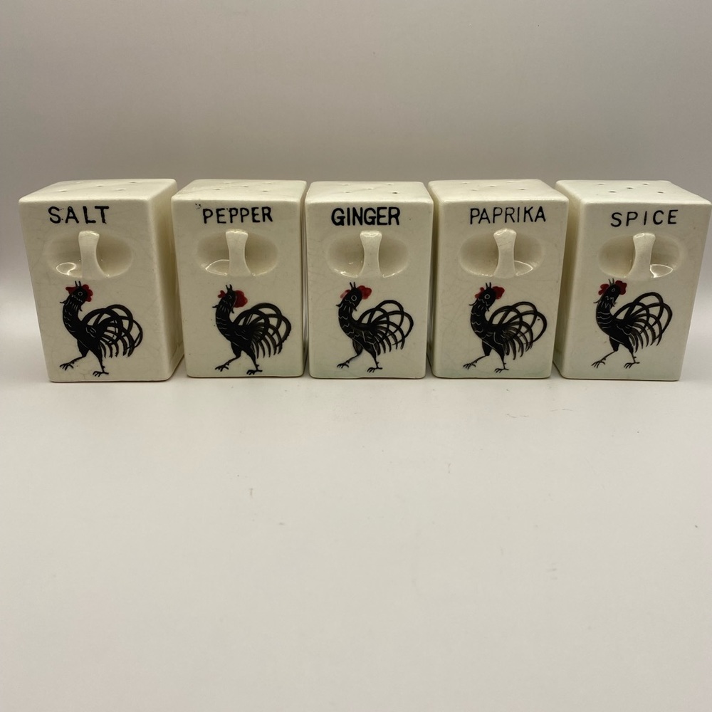 Japanese rooster spice set. Hand painted vintage ceramic set of 5.